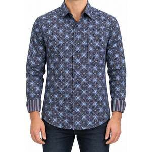 Alan Flusser Shirt Mens Medium Blue Purple Medallion Button Down Flip Cuffs